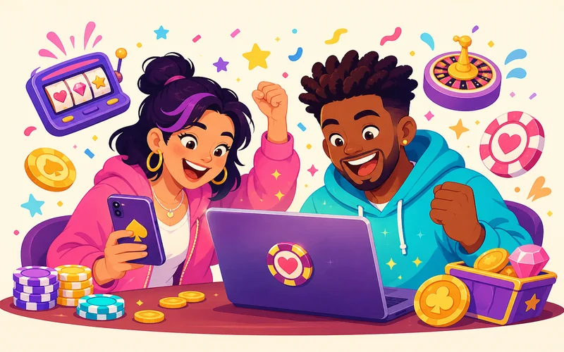 Cartoon friends enjoying social casino games